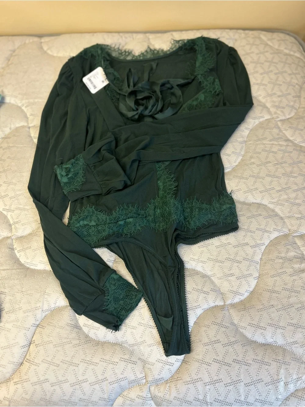 Free People Forest Green Lace Long Sleeve Bodysuit